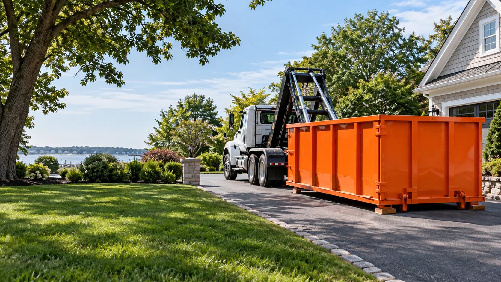 Orange roll-off dumpster being delivered to a New Jersey home